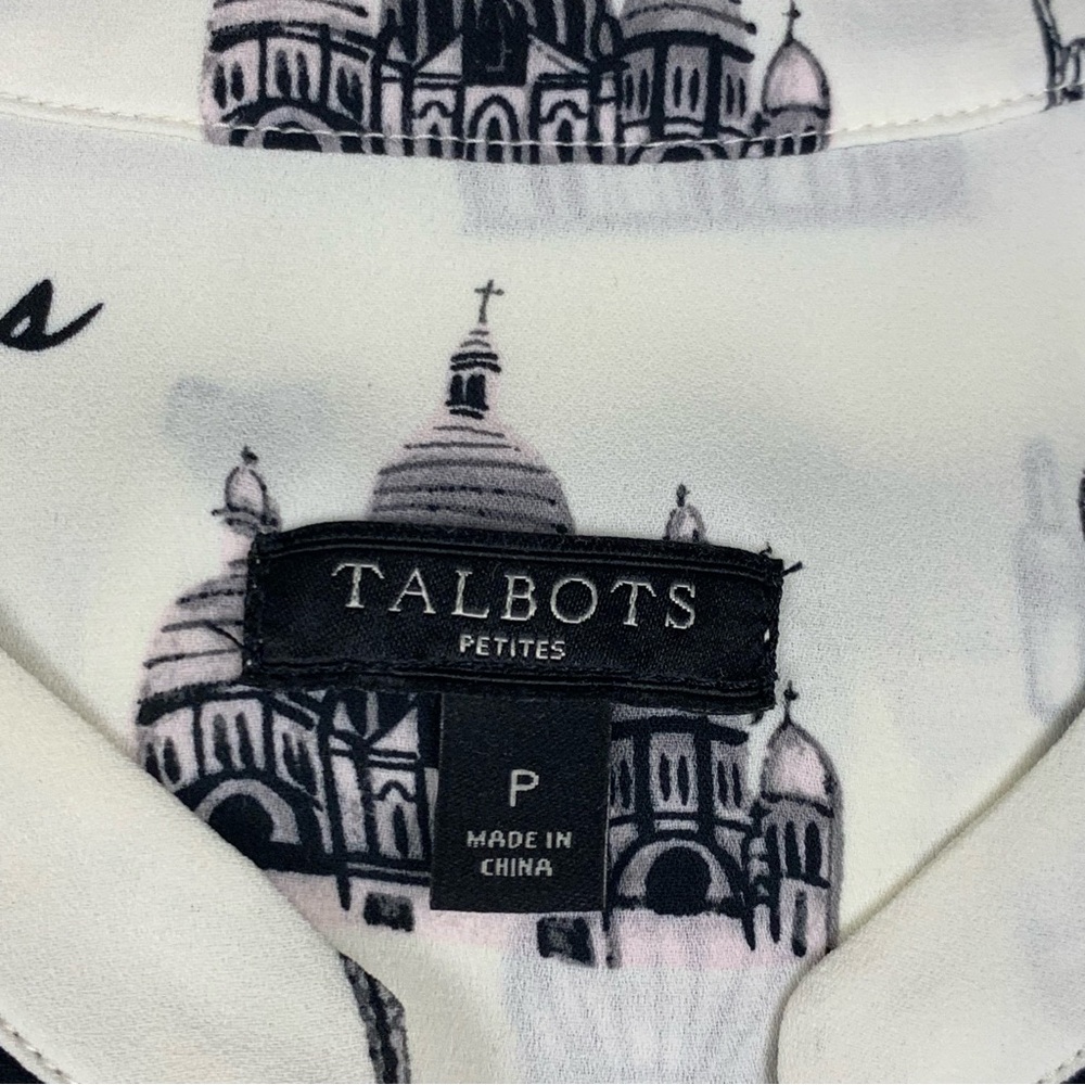 Talbot's Paris Print Tie Front Blouse Ivory Black Sketch Print Size XS P - Picture 5 of 12